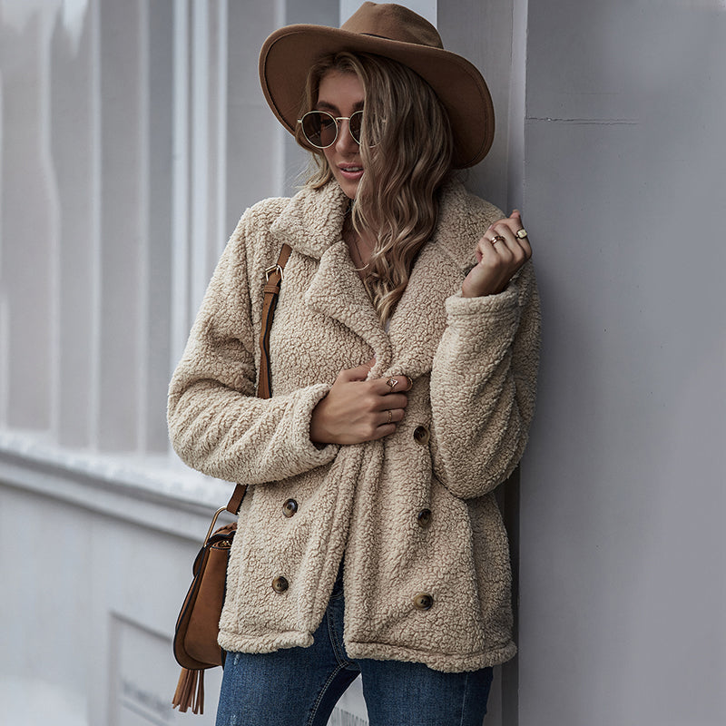 Women's Beltless Solid Color Lapel Casual Double-breasted Loose Jacket Sai Feel