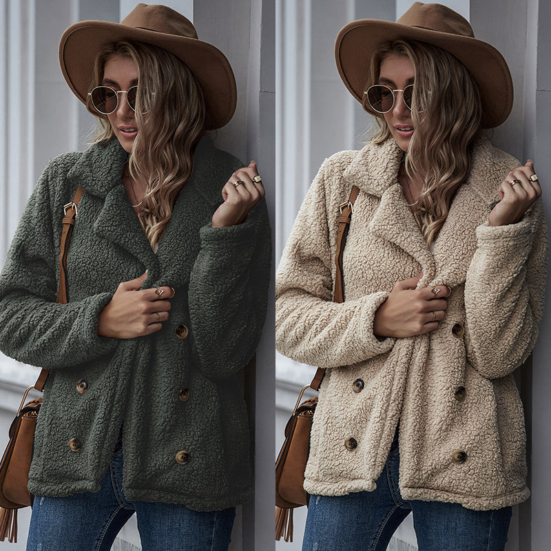 Women's Beltless Solid Color Lapel Casual Double-breasted Loose Jacket Sai Feel