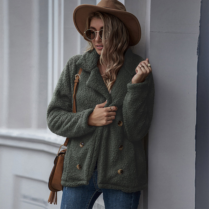 Women's Beltless Solid Color Lapel Casual Double-breasted Loose Jacket Sai Feel