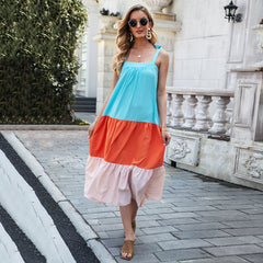 Women's Bohemian collision color pleated dress halter midi skirt Sai Feel