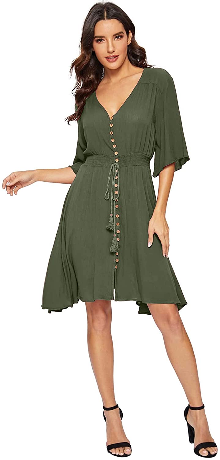 Women's Boho Button Up Split Solid Vintage Flowy Party Dress Sai Feel