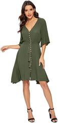 Women's Boho Button Up Split Solid Vintage Flowy Party Dress Sai Feel