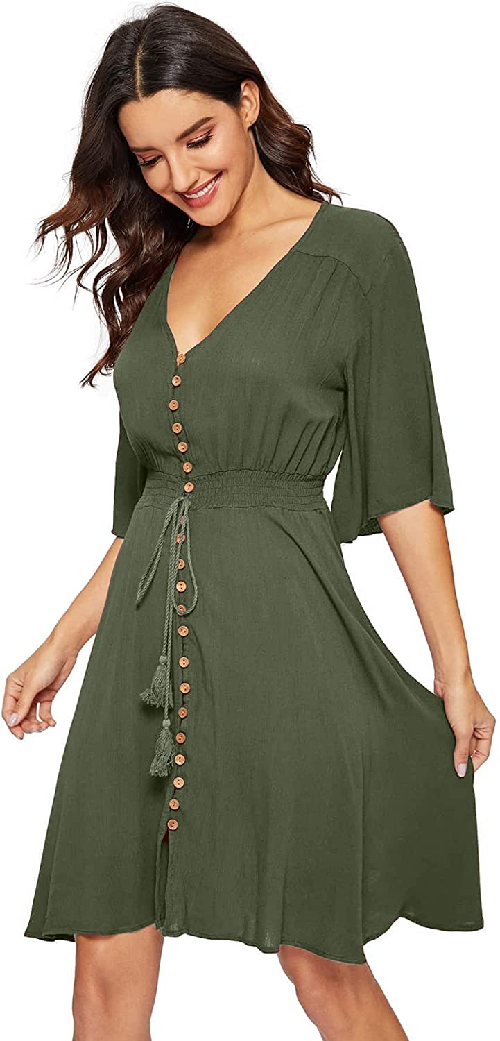 Women's Boho Button Up Split Solid Vintage Flowy Party Dress Sai Feel