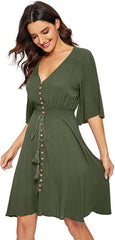 Women's Boho Button Up Split Solid Vintage Flowy Party Dress Sai Feel