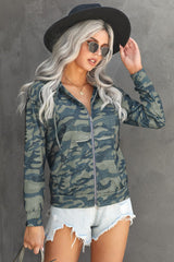 Women's Camo Print Zip Up Pocket Long Sleeve Hoodie Jacket Sai Feel