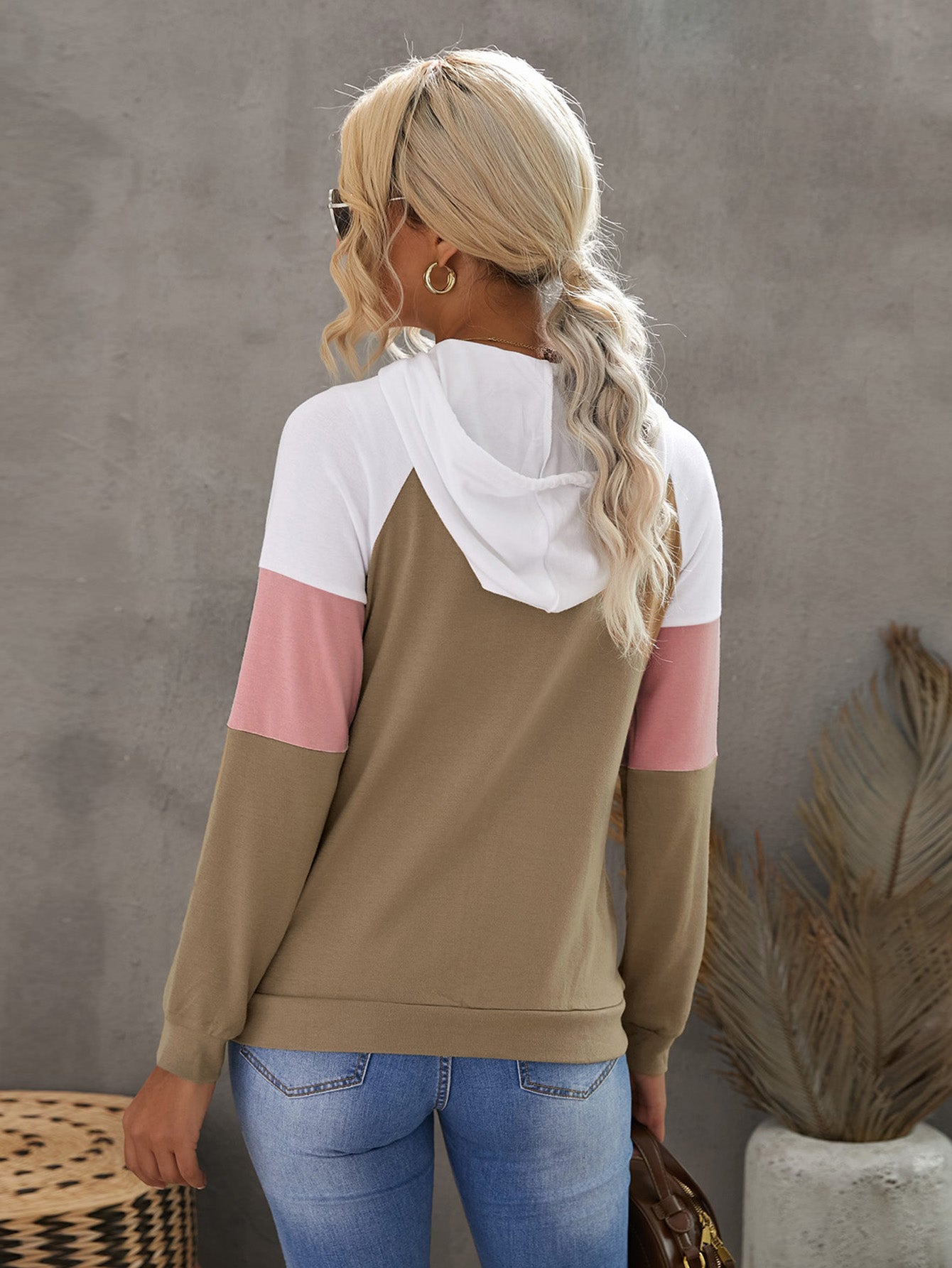 Women's Casual Fashion Color Block Shirt Zipper Hooded Top Sai Feel