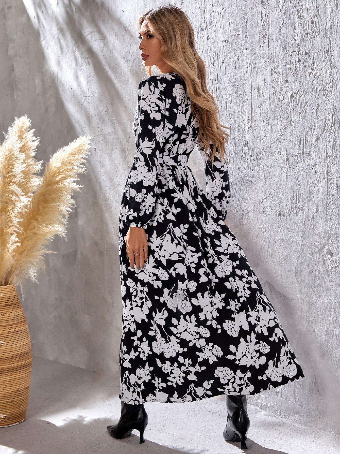 Women's Casual Floral Print Evening Dresses Long Sleeve V Neck Cocktail Party Long Maxi Dress Sai Feel