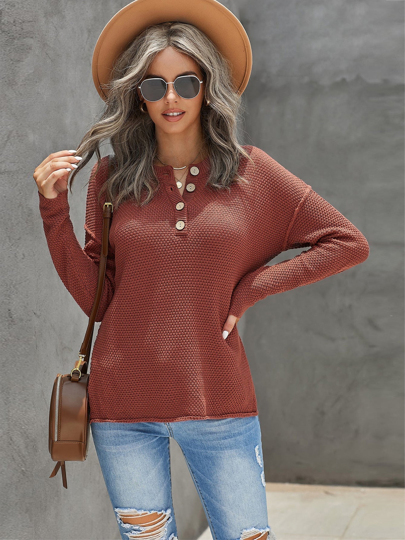 Women's Casual Knit Tops Henley Pullover Solid Color Loose Fit Side Split Long Sleeve Sweaters Sai Feel