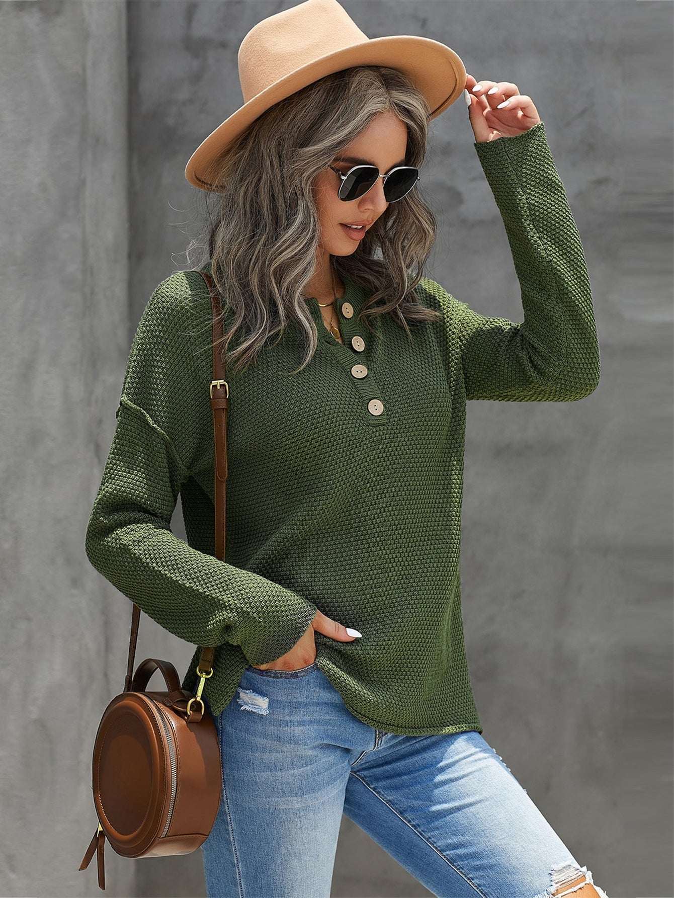Women's Casual Knit Tops Henley Pullover Solid Color Loose Fit Side Split Long Sleeve Sweaters Sai Feel