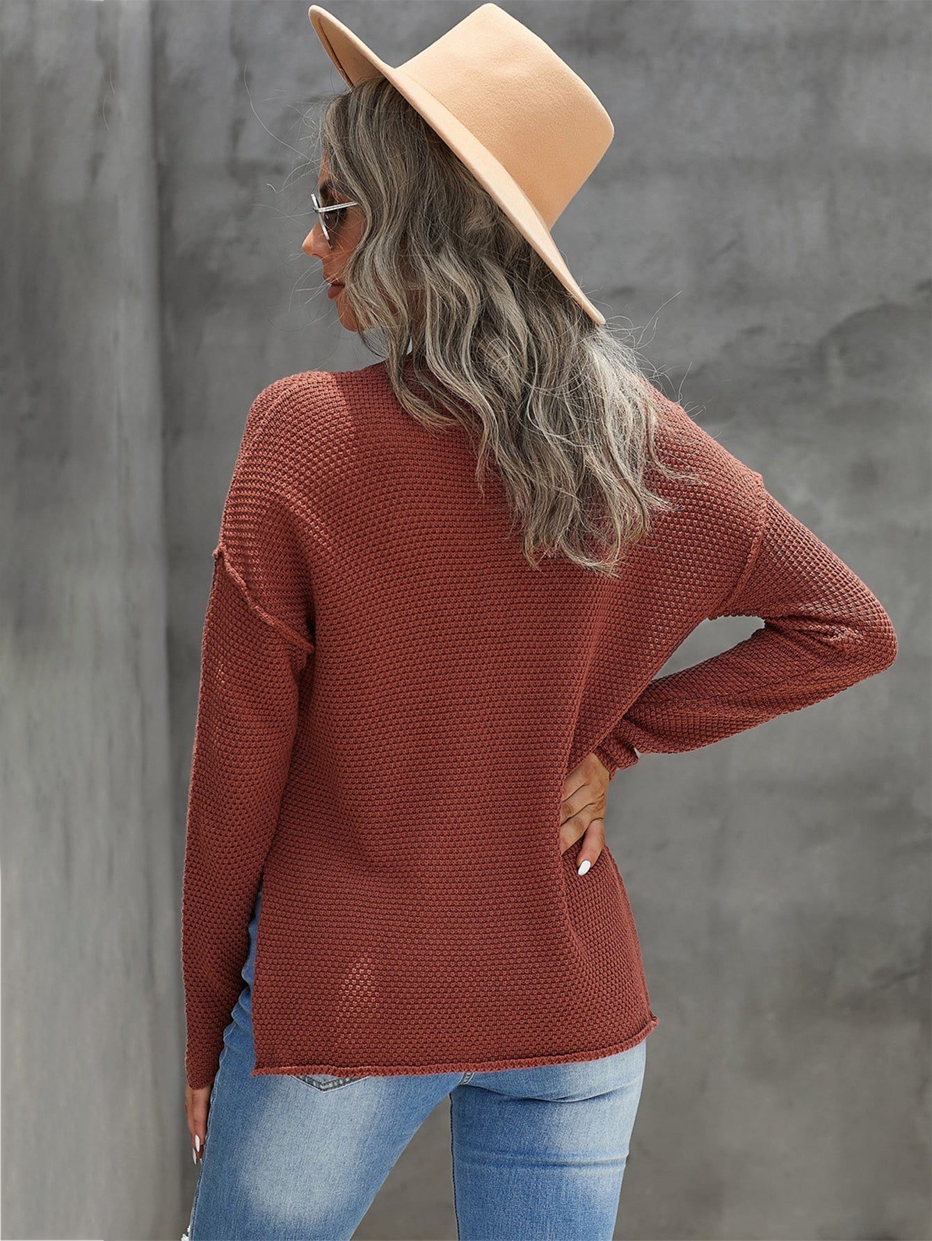 Women's Casual Knit Tops Henley Pullover Solid Color Loose Fit Side Split Long Sleeve Sweaters Sai Feel