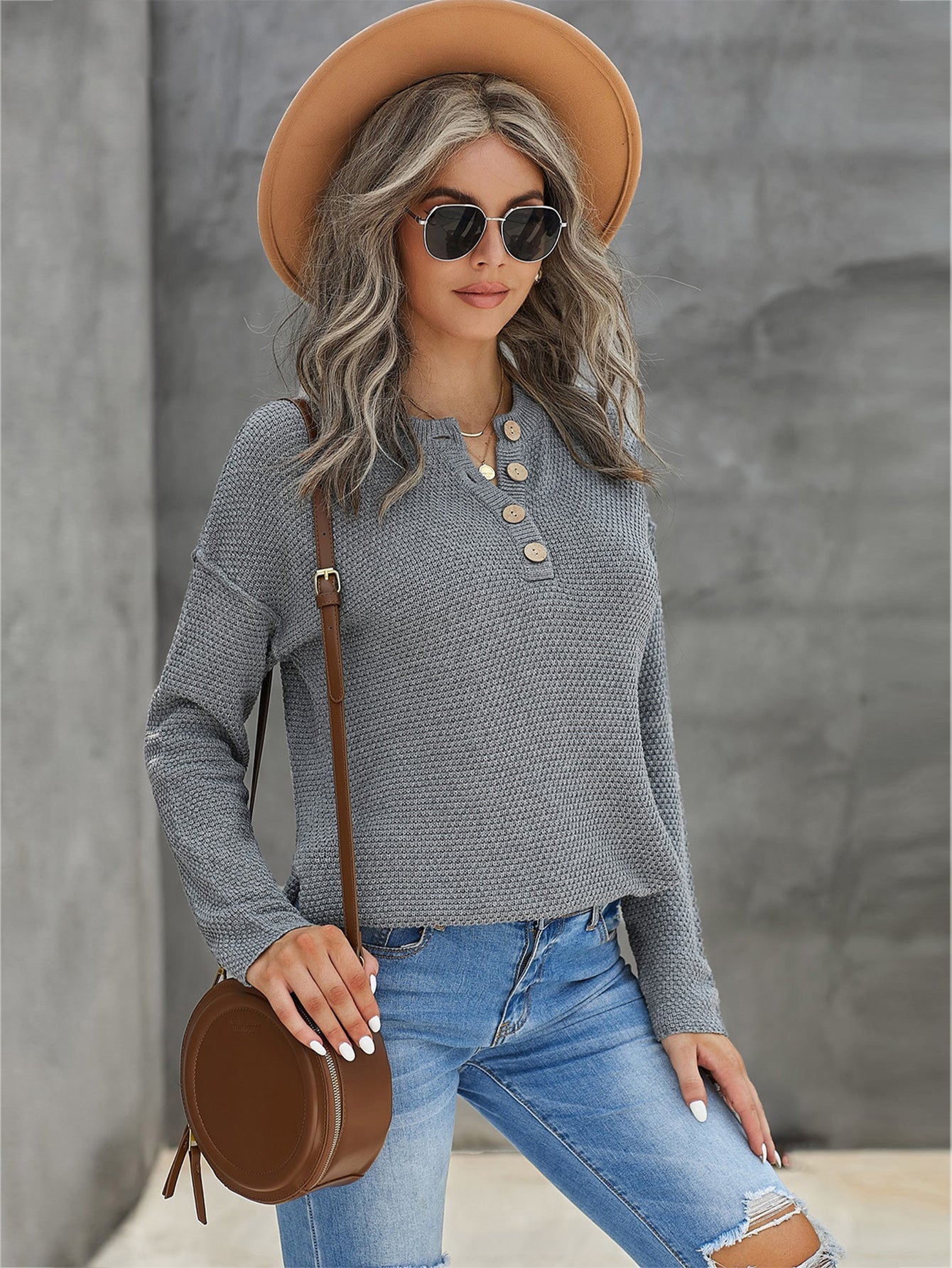 Women's Casual Knit Tops Henley Pullover Solid Color Loose Fit Side Split Long Sleeve Sweaters Sai Feel