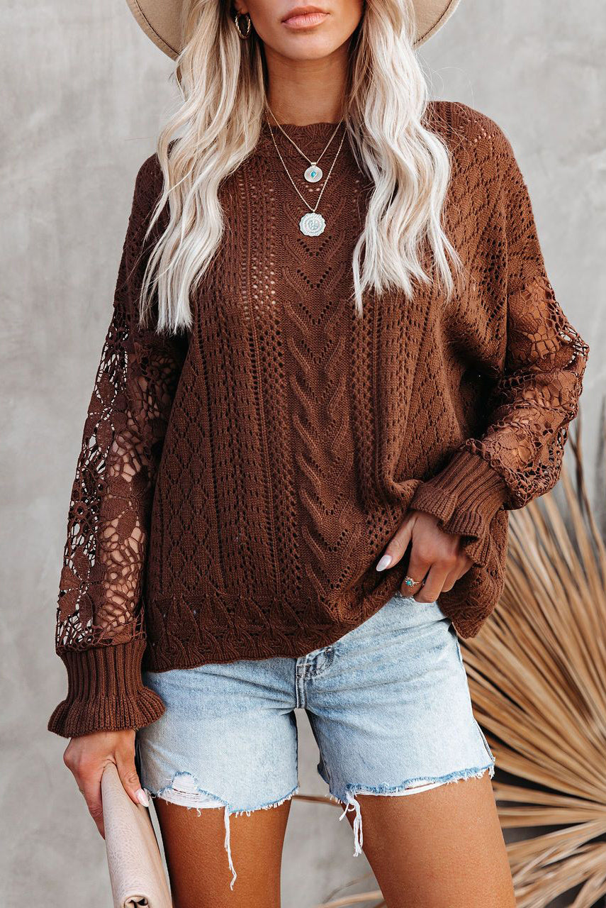 Women's Casual Lace Long Sleeve Sweaters Crewneck See-through Hollow Out Solid Color Pullover Tops Sai Feel