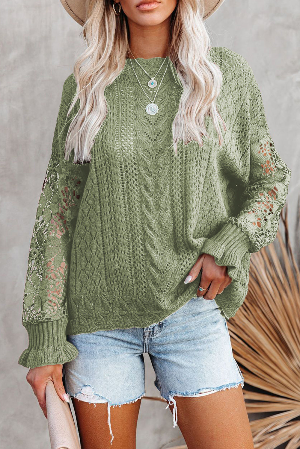 Women's Casual Lace Long Sleeve Sweaters Crewneck See-through Hollow Out Solid Color Pullover Tops Sai Feel