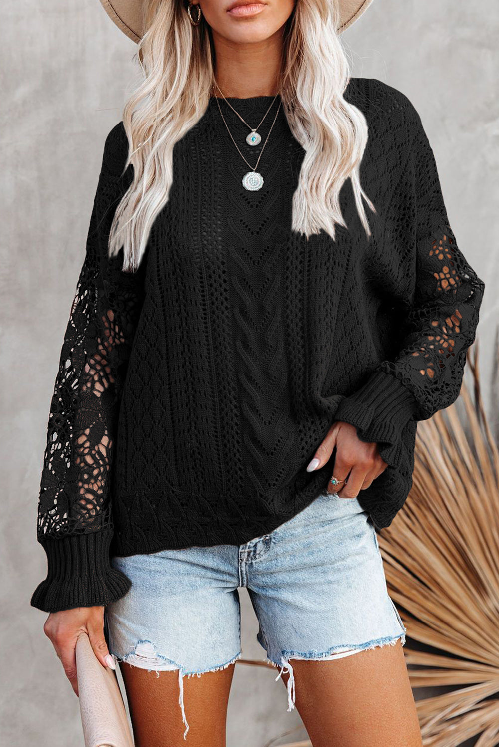 Women's Casual Lace Long Sleeve Sweaters Crewneck See-through Hollow Out Solid Color Pullover Tops Sai Feel