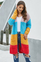Women's Casual Long Sleeve Fleece Fuzzy Jumper Sweater Color Block Open Front Cardigan with Pockets Sai Feel