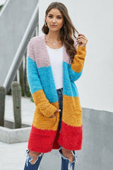 Women's Casual Long Sleeve Fleece Fuzzy Jumper Sweater Color Block Open Front Cardigan with Pockets Sai Feel