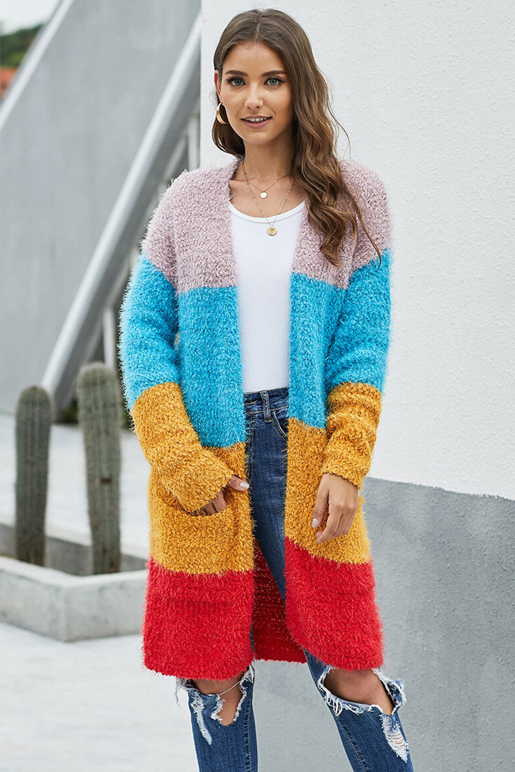 Women's Casual Long Sleeve Fleece Fuzzy Jumper Sweater Color Block Open Front Cardigan with Pockets Sai Feel