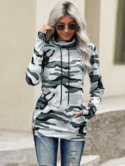 Women's Casual Long Sleeve High Neck Drawstring Camo Kangaroo Pocket Jumper Top Sai Feel