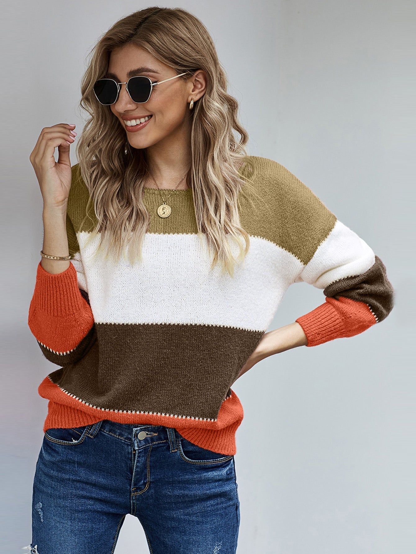 Women's Casual Loose Long Sleeve Colorblock Crewneck Knitted Tops Chunky Sweater Sai Feel