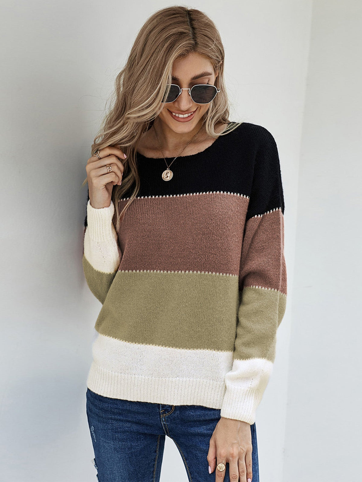 Women's Casual Loose Long Sleeve Colorblock Crewneck Knitted Tops Chunky Sweater Sai Feel