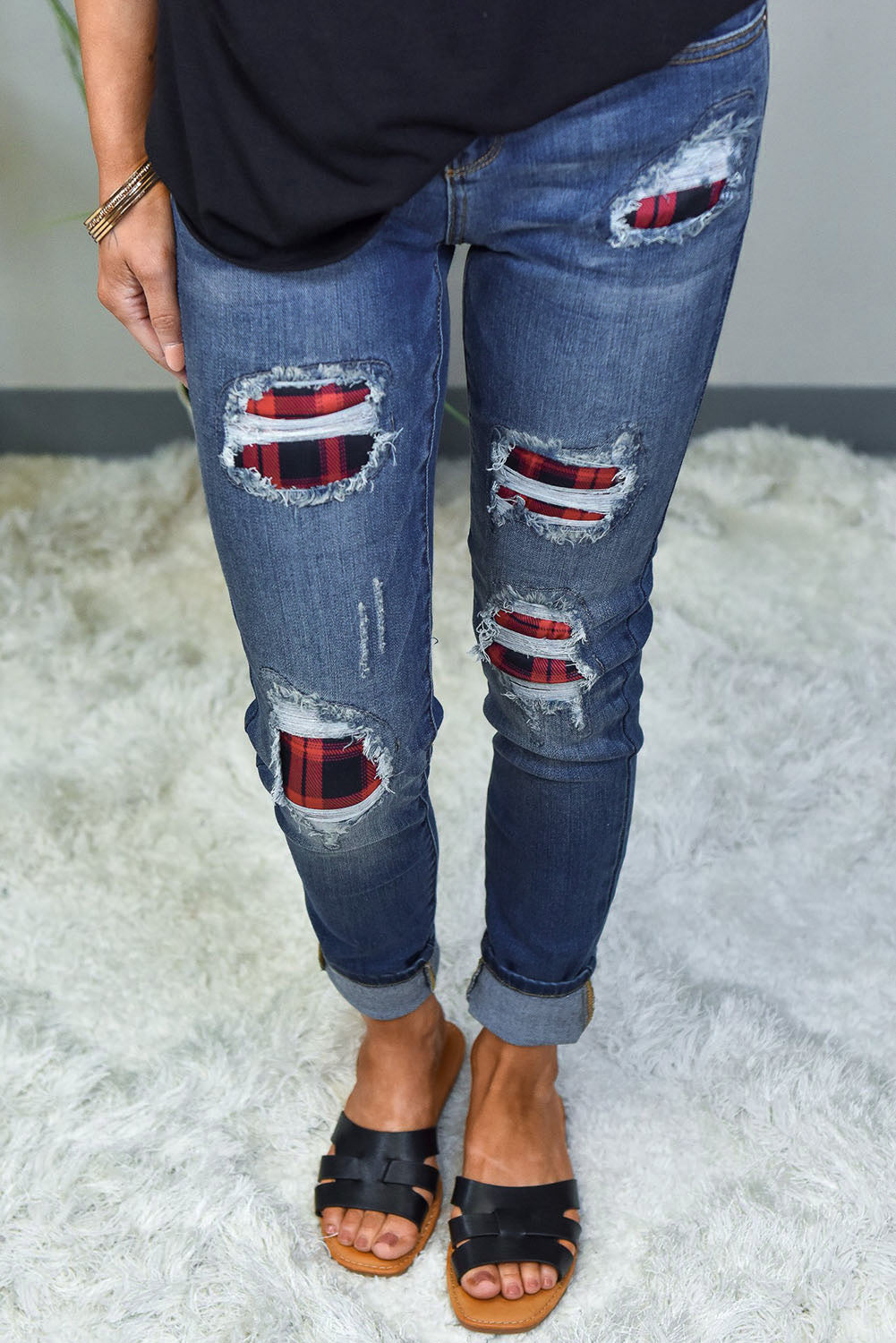 Women's Casual Patch Destroyed Skinny Stretch Ripped Denim Pants Long Pencil Jeans Sai Feel