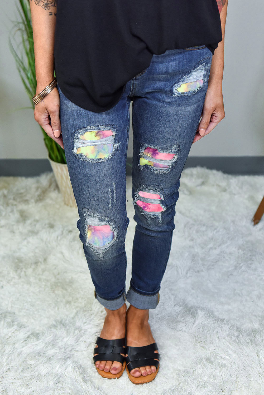 Women's Casual Patch Destroyed Skinny Stretch Ripped Denim Pants Long Pencil Jeans Sai Feel