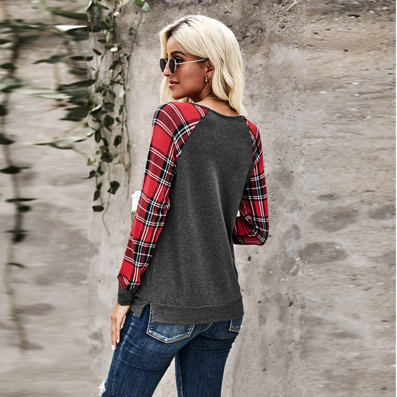 Women's Casual Plaid Splicing Long Sleeve Sequined Pocket Top Sai Feel