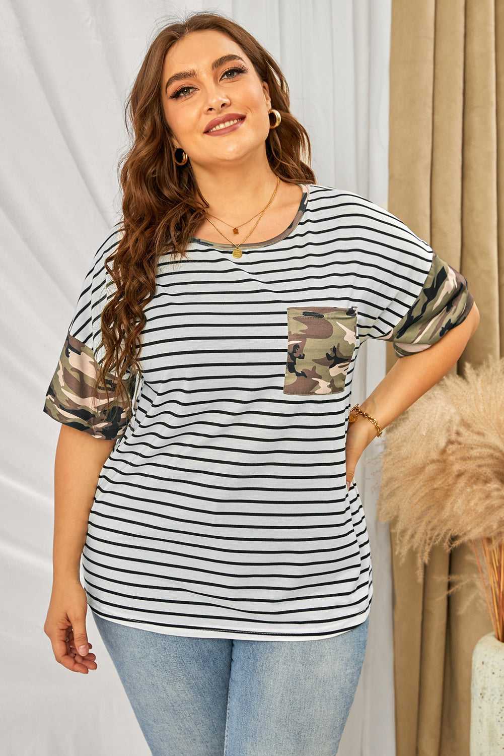 Women's Casual Plus Size T-Shirt Striped Patchwork Camo Blouse Crewneck Short Sleeve Top Sai Feel