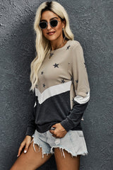 Women's Casual Star Color Block Pullover Long Sleeve Sweatshirt Sai Feel