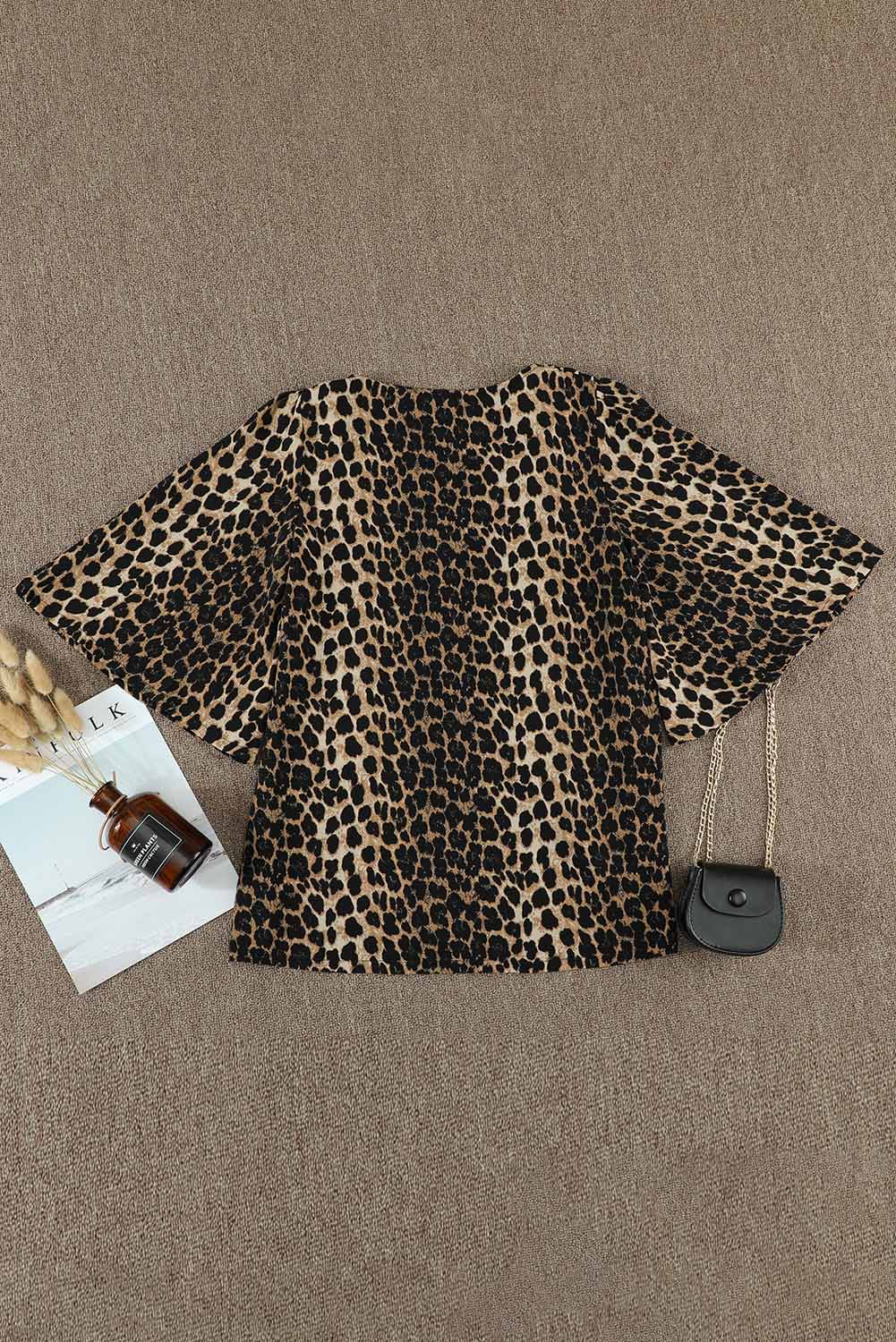 Women's Casual V-Neck 3/4 Bell Sleeves Leopard Print Button Down Blouse Shirt Sai Feel