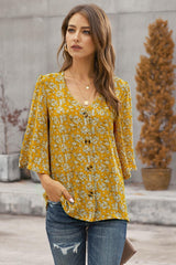 Women's Casual V-Neck 3/4 Bell Sleeves Leopard Print Button Down Blouse Shirt Sai Feel