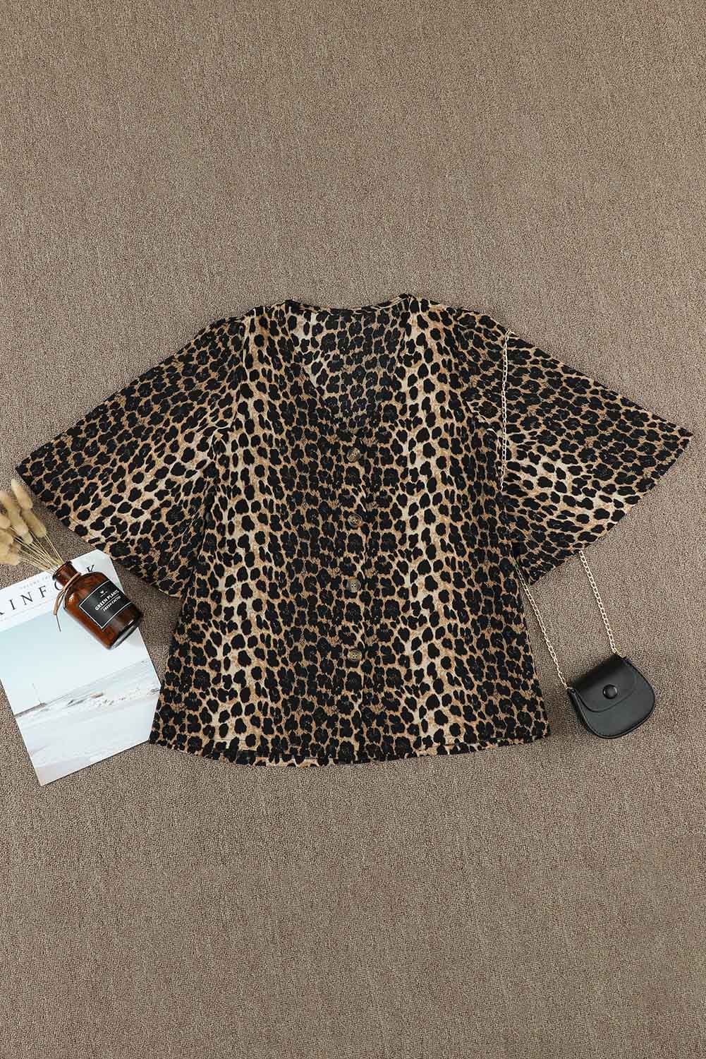 Women's Casual V-Neck 3/4 Bell Sleeves Leopard Print Button Down Blouse Shirt Sai Feel