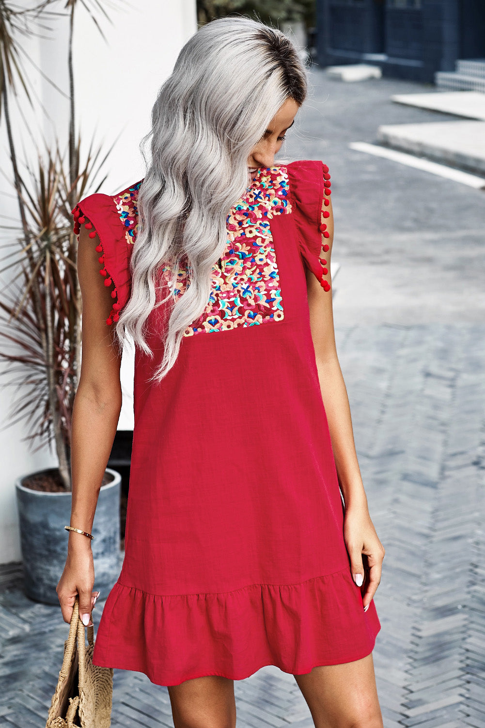 Women's Casual V Neck Skirt Boho Mexican Vintage Embroidery Print Mini Pompom Sleeve Shift Dress Sai Feel