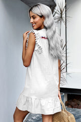 Women's Casual V Neck Skirt Boho Mexican Vintage Embroidery Print Mini Pompom Sleeve Shift Dress Sai Feel