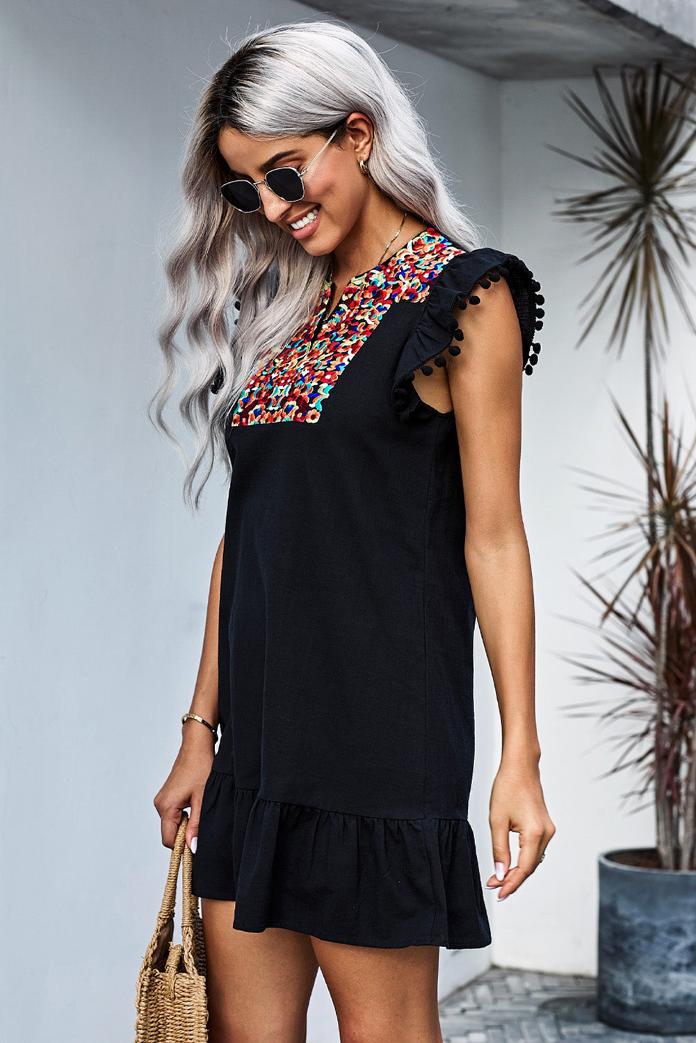 Women's Casual V Neck Skirt Boho Mexican Vintage Embroidery Print Mini Pompom Sleeve Shift Dress Sai Feel