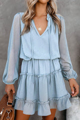 Women's Casual V Neck Solid Color Swiss Dot Flowy Long Sleeve Lace Up Loose Mini Dress Short Dress Sai Feel