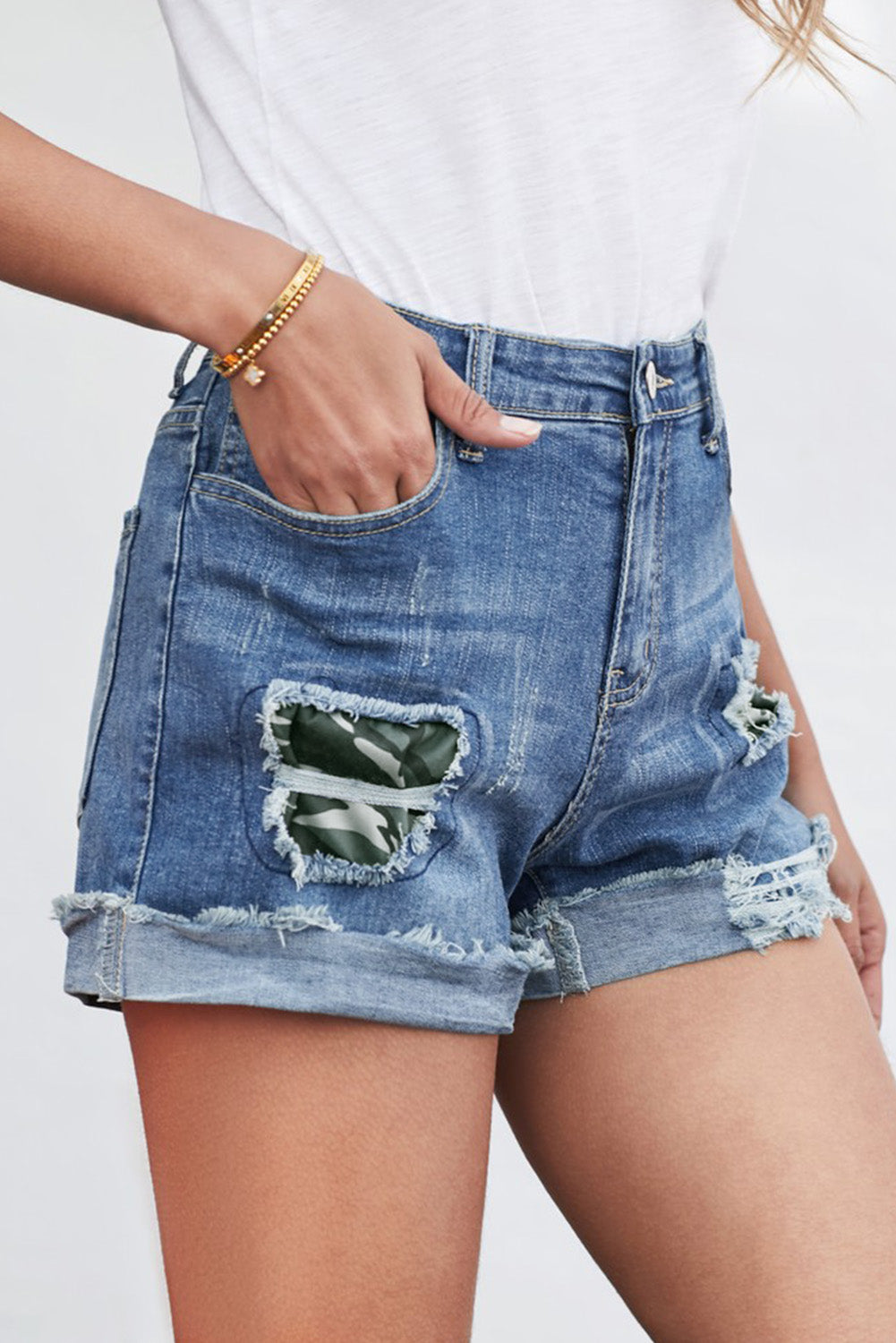 Women's Casual Washed Jean Rolled Hem Patchwork Ripped Denim Shorts with Pockets Sai Feel