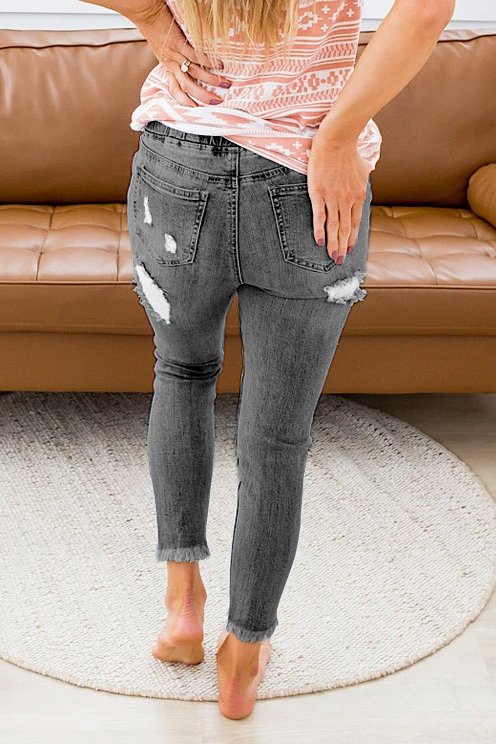 Women's Casual Washed Ripped Jeans Skinny Leg Elastic Waist Drawstring Denim Pants Sai Feel