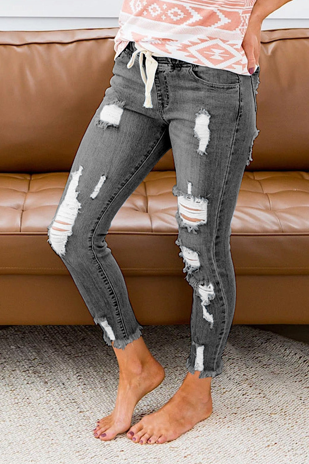 Women's Casual Washed Ripped Jeans Skinny Leg Elastic Waist Drawstring Denim Pants Sai Feel