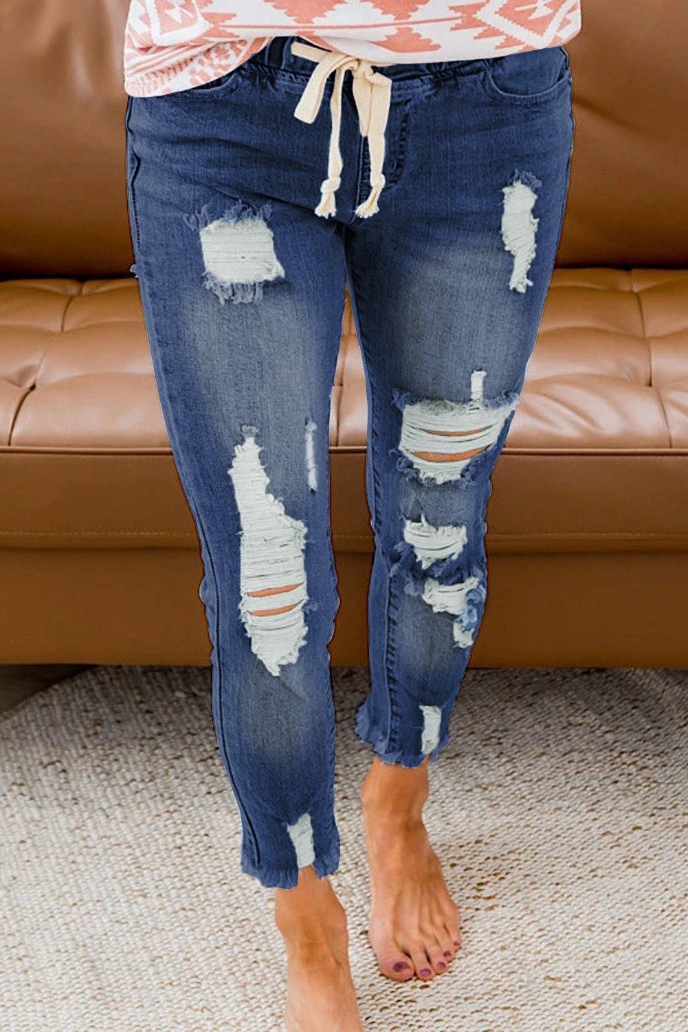 Women's Casual Washed Ripped Jeans Skinny Leg Elastic Waist Drawstring Denim Pants Sai Feel