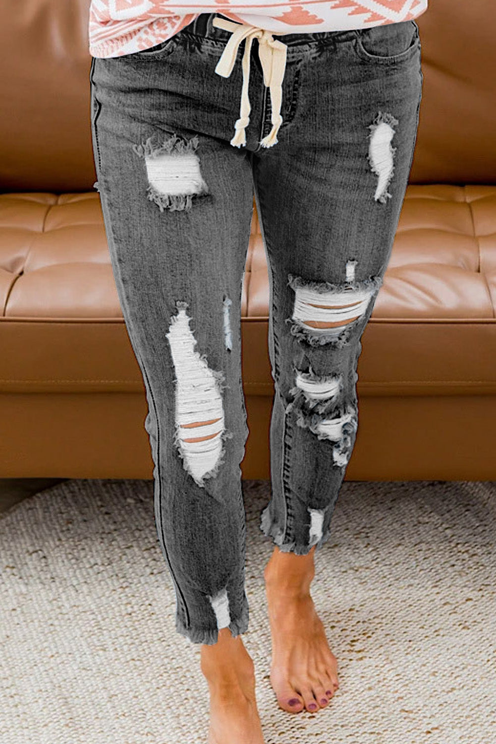 Women's Casual Washed Ripped Jeans Skinny Leg Elastic Waist Drawstring Denim Pants Sai Feel