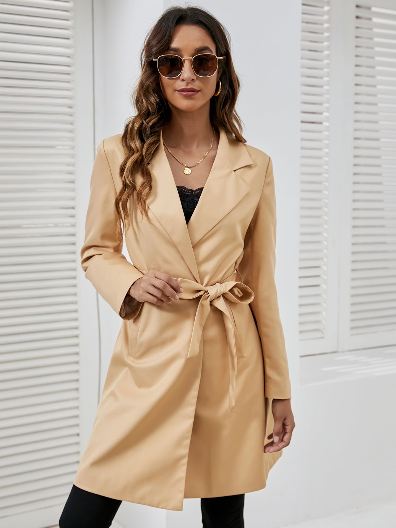 Women's Casual Wind Coat With Belt WomenTurn-down Collar Jacket Long Trench Coat Sai Feel