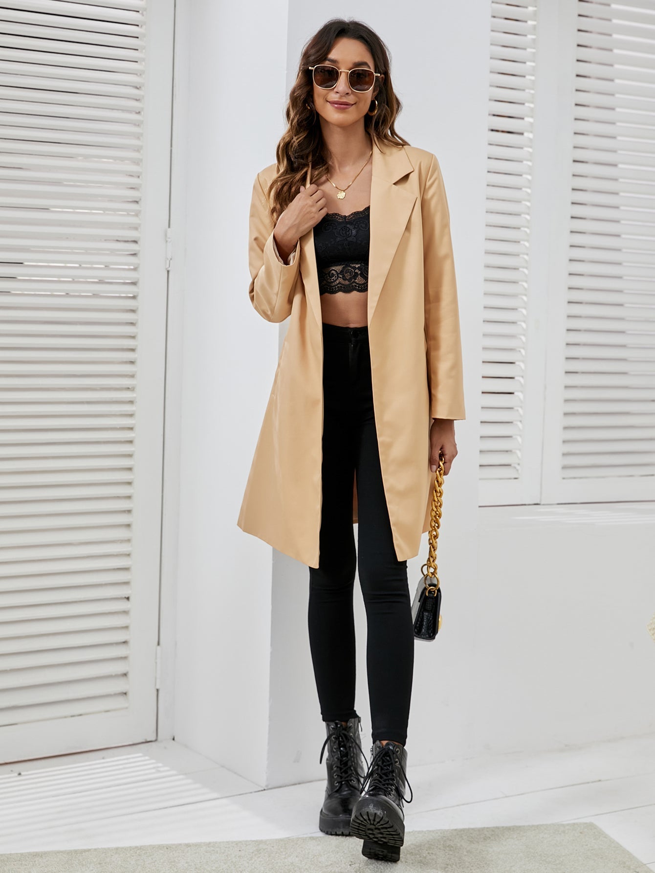 Women's Casual Wind Coat With Belt WomenTurn-down Collar Jacket Long Trench Coat Sai Feel