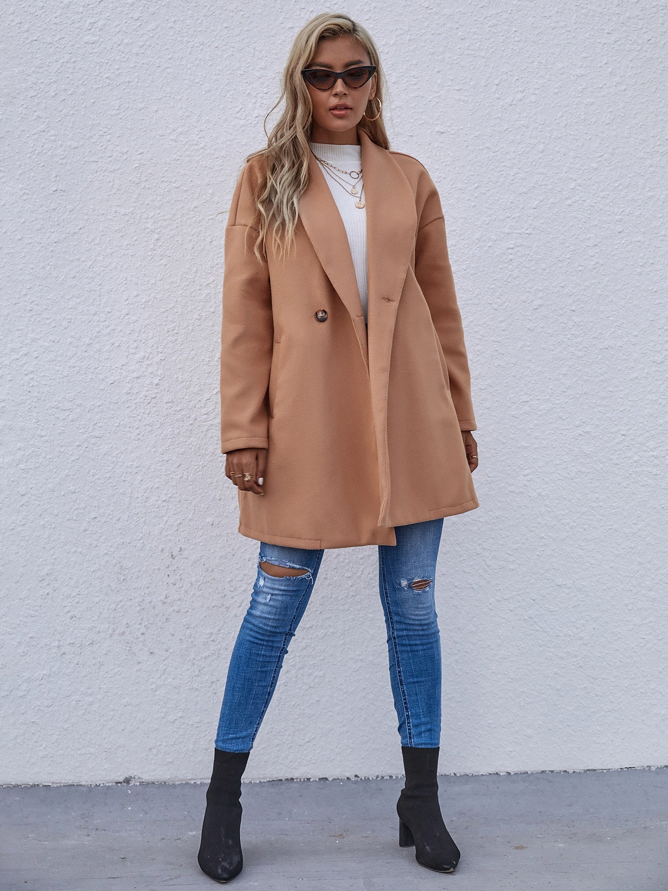 Women's Classic Notched Lapel Long Sleeve Buttoned Long Coat Sai Feel