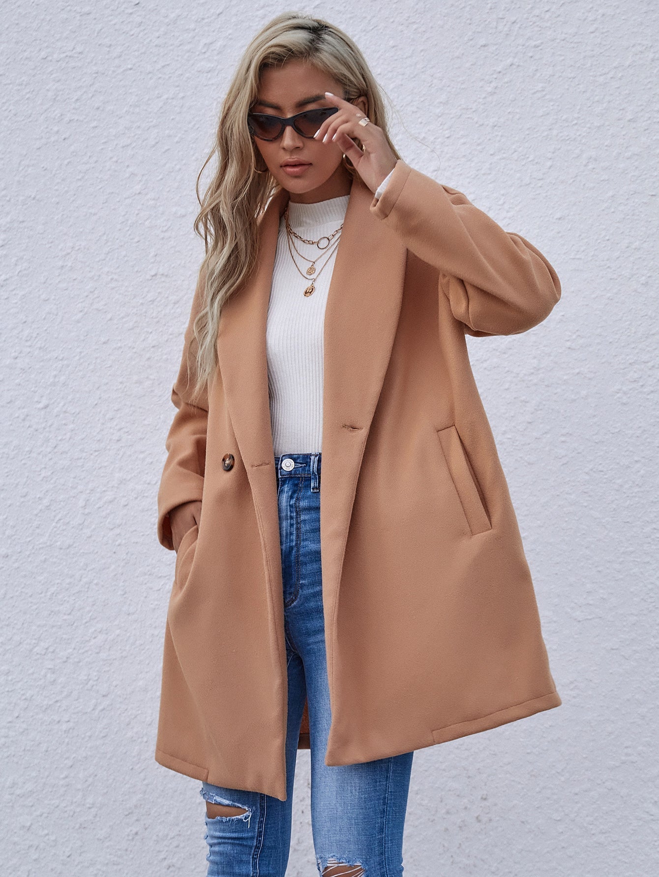 Women's Classic Notched Lapel Long Sleeve Buttoned Long Coat Sai Feel