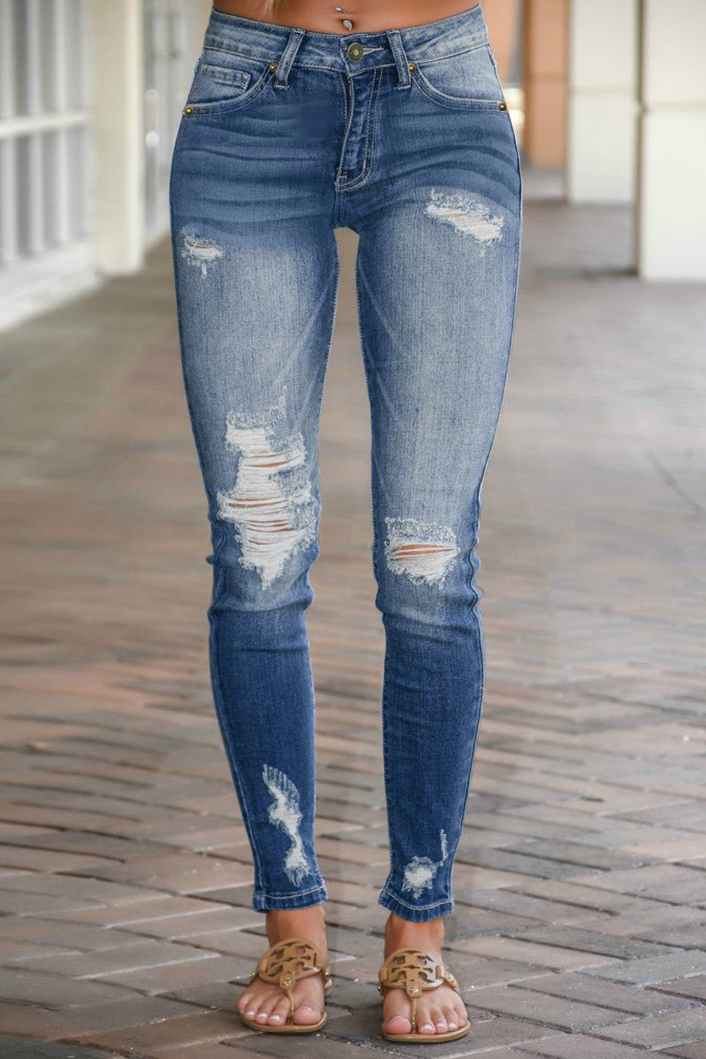 Women's Classic Straight Leg High Waisted Distressed Denim Pants Ripped Skinny Jeans Sai Feel