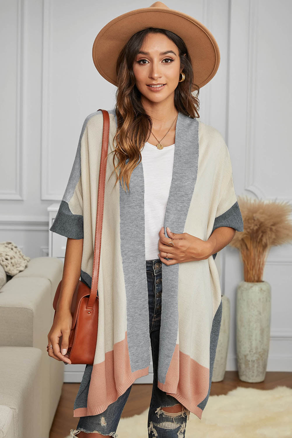 Women's Color Block Shawl Wrap Cardigan Poncho Cape Open Front Long Sweater Coat Sai Feel