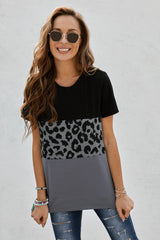 Women's Color Block Short Sleeve T-Shirt Leopard Print Crew Neck Tops Side Split Casual Blouse Sai Feel
