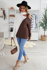 Women's Color Block Turtleneck Cold Shoulder Sweater Long Sleeve Pullover Fashion Knit Tops Sai Feel