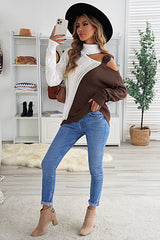 Women's Color Block Turtleneck Cold Shoulder Sweater Long Sleeve Pullover Fashion Knit Tops Sai Feel